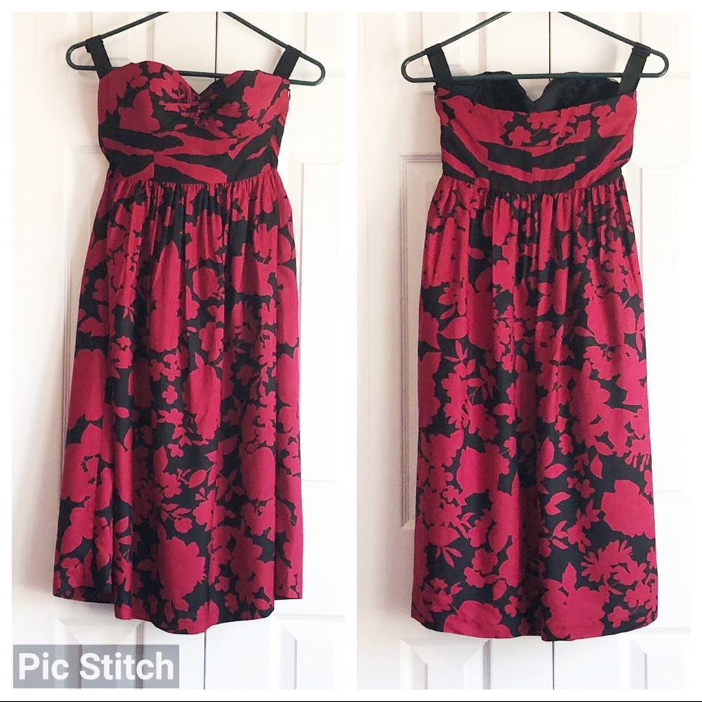 Tibi Maroon & Black Floral Strapless Silk Wool Empire Waist Dress 2